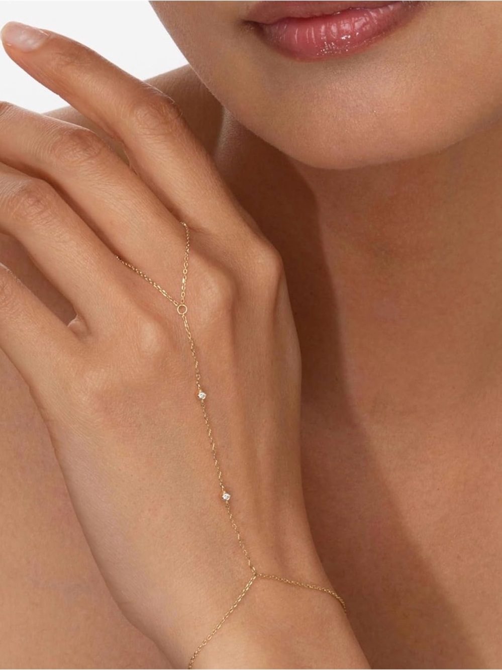 Delicate Gold Hand Chain with Clear Accent Stones - Women Jewelry